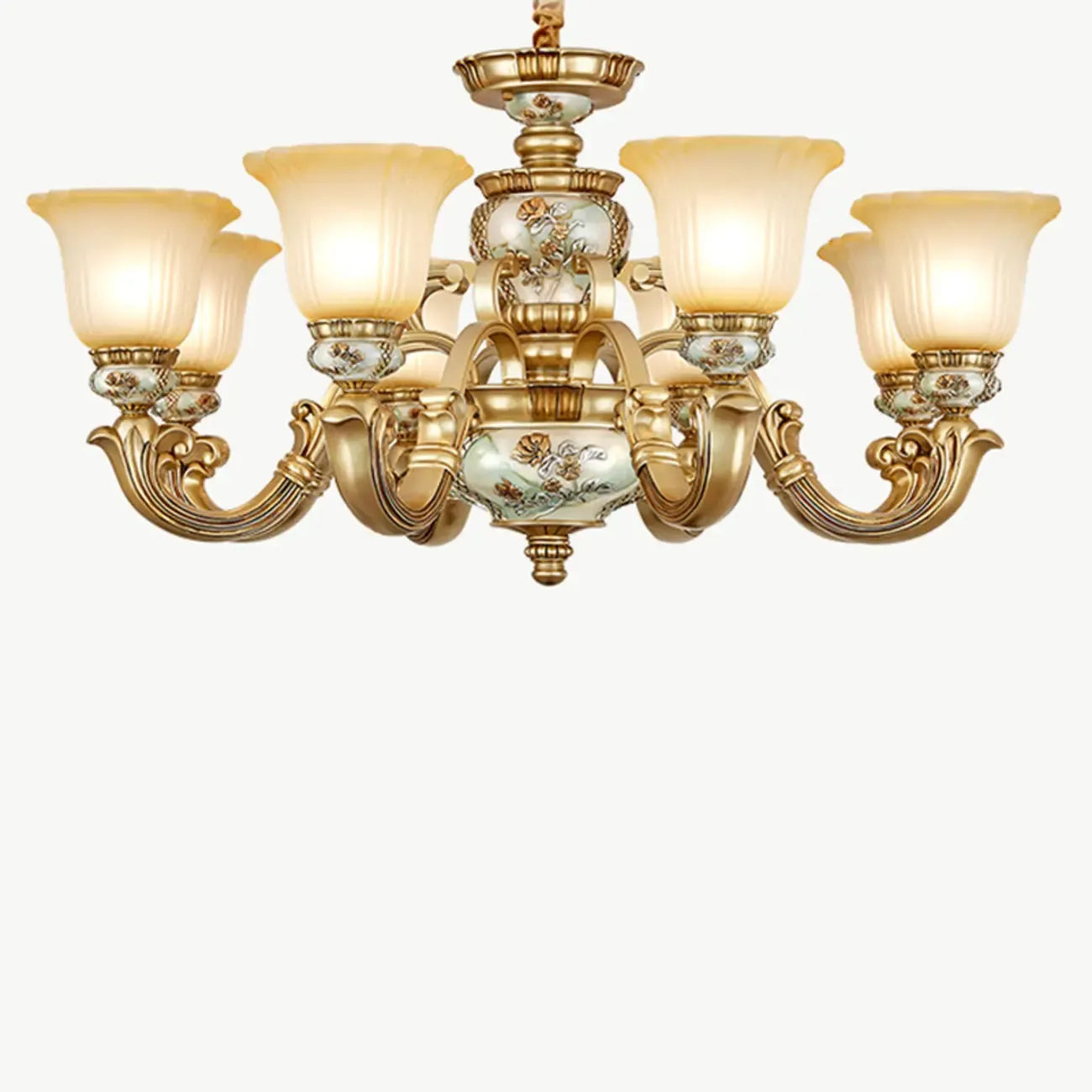 Antique Gold Ceramic Chandelier with Frosted Glass Bell Shape