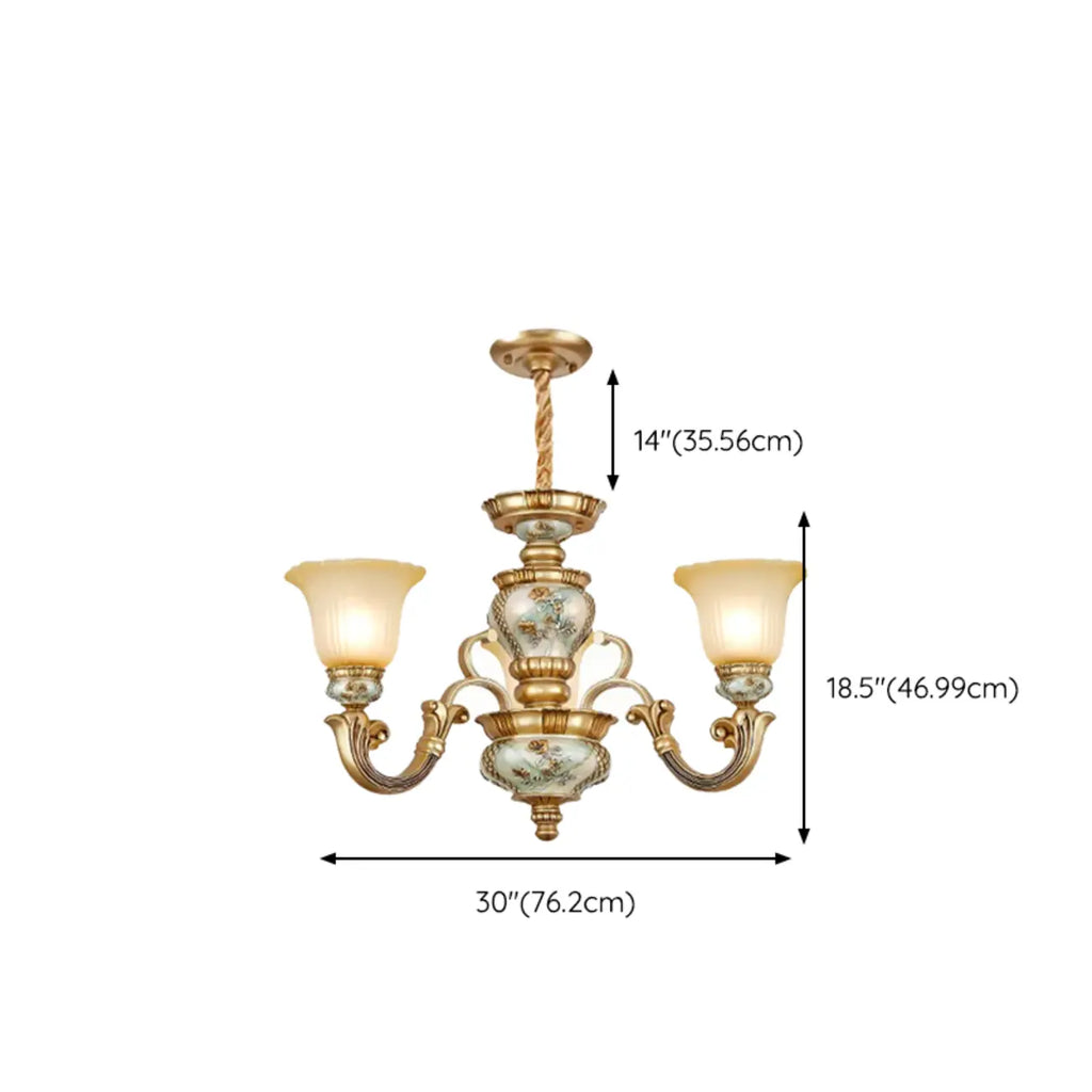 Antique Gold Ceramic Chandelier with Frosted Glass Bell Shape