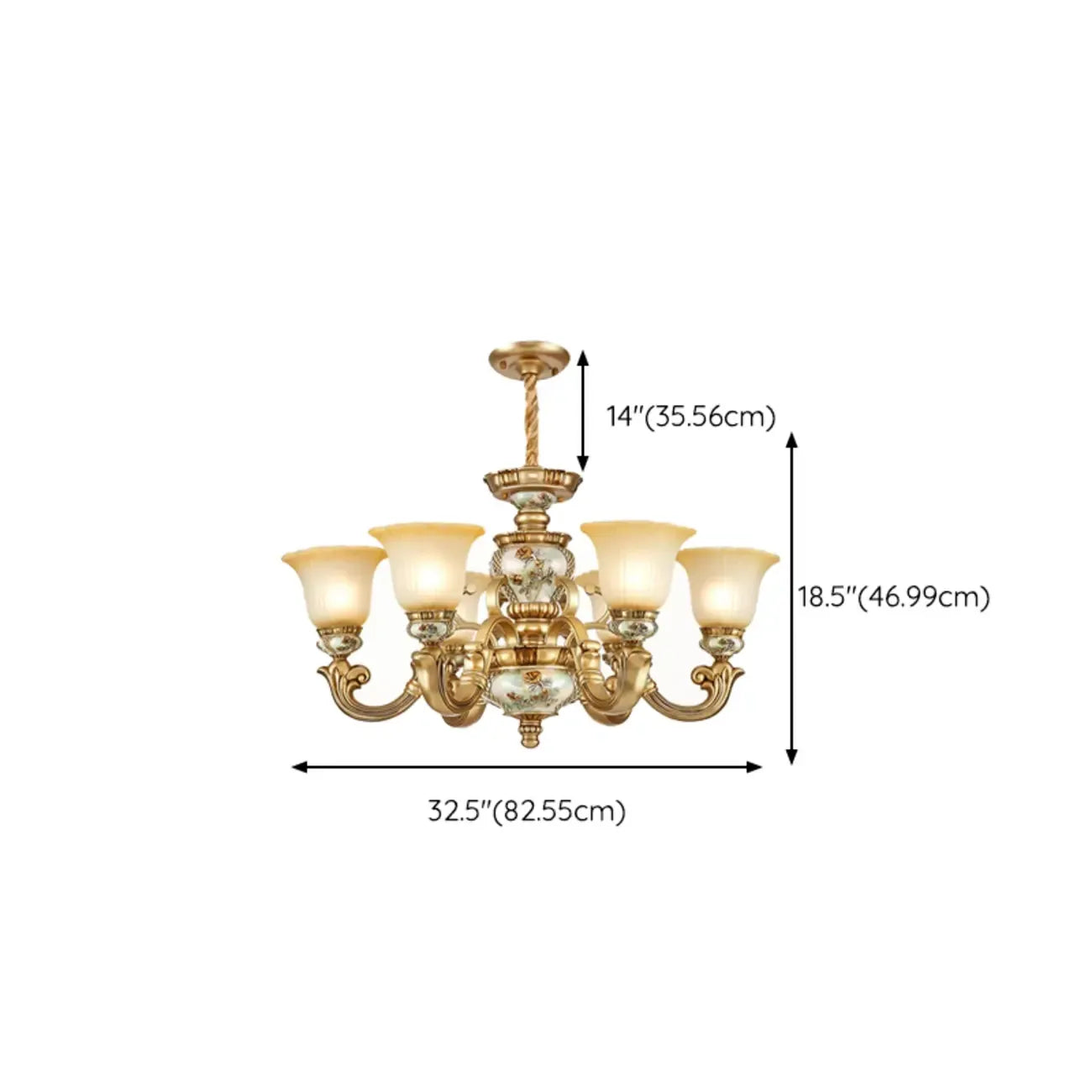 Antique Gold Ceramic Chandelier with Frosted Glass Bell Shape