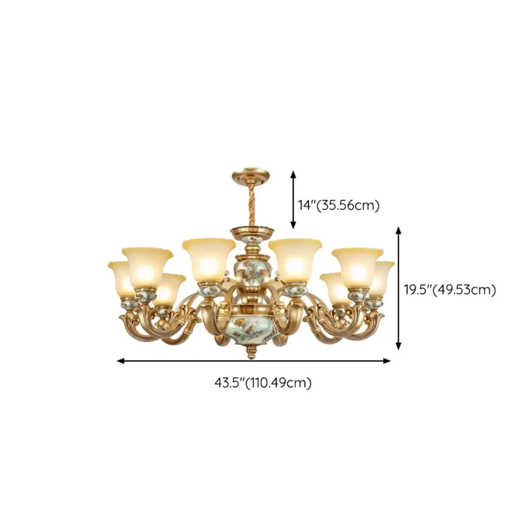 Antique Gold Ceramic Chandelier with Frosted Glass Bell Shape