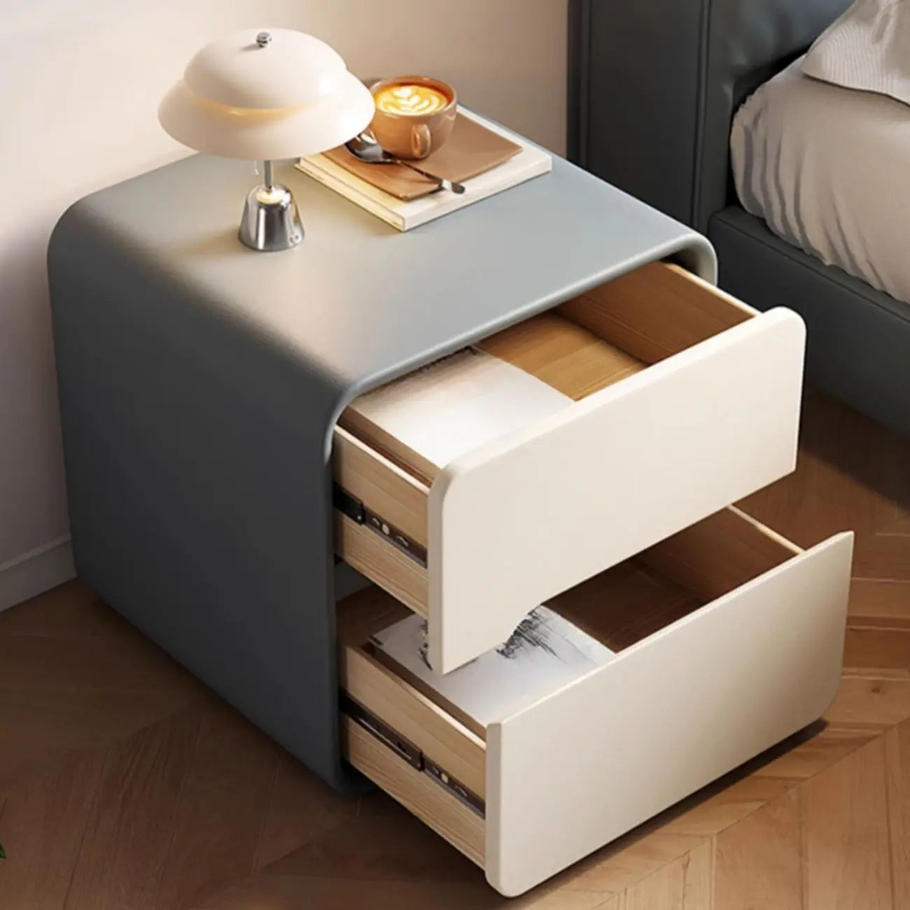 Modern Bedside Table with Storage Drawers - Avocado Green