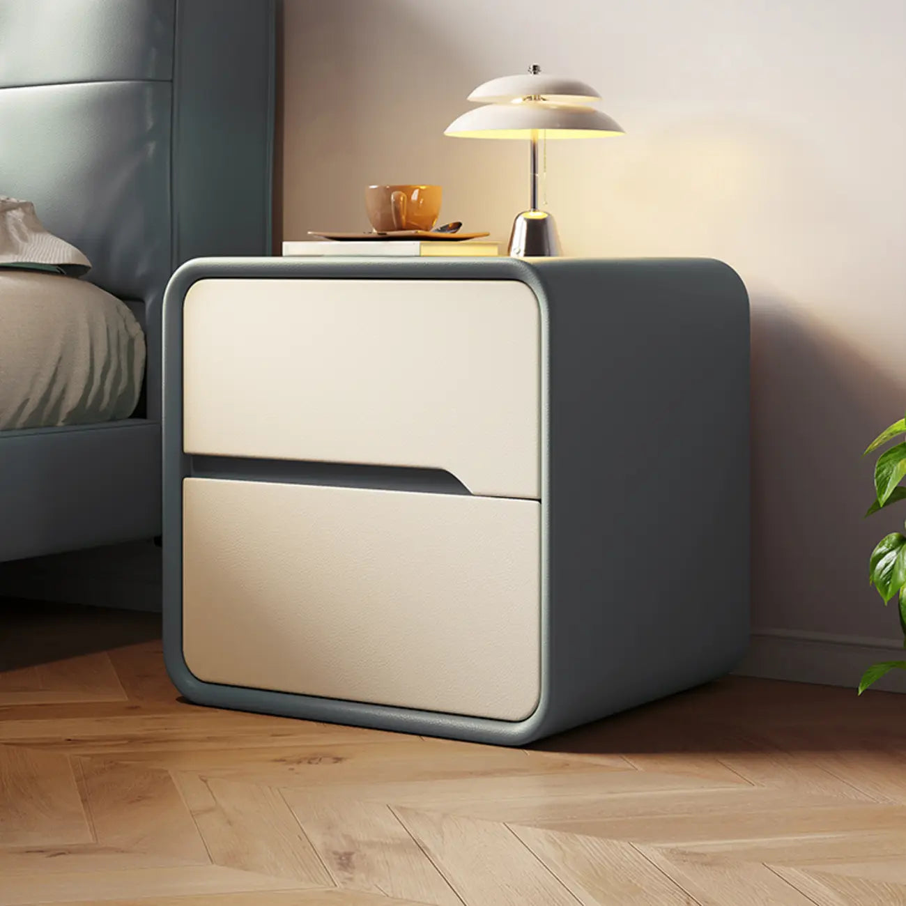 Modern Bedside Table with Storage Drawers - Avocado Green