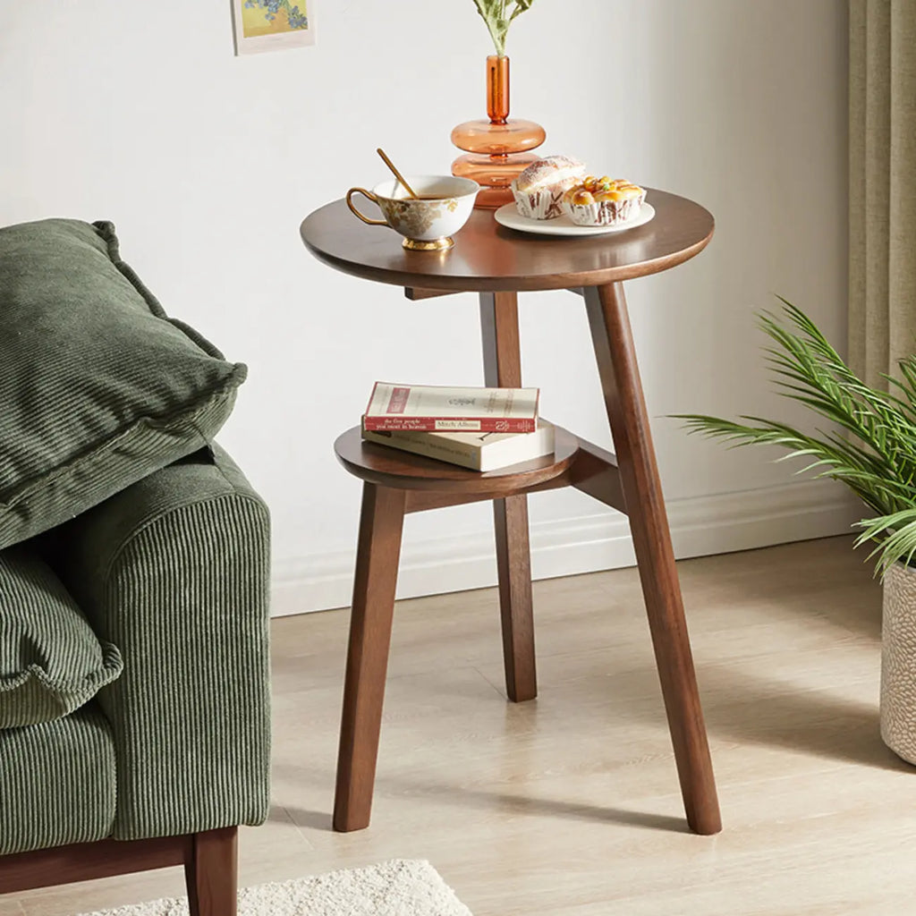 Brown Tripod Base Wood Round Side Table with Storage