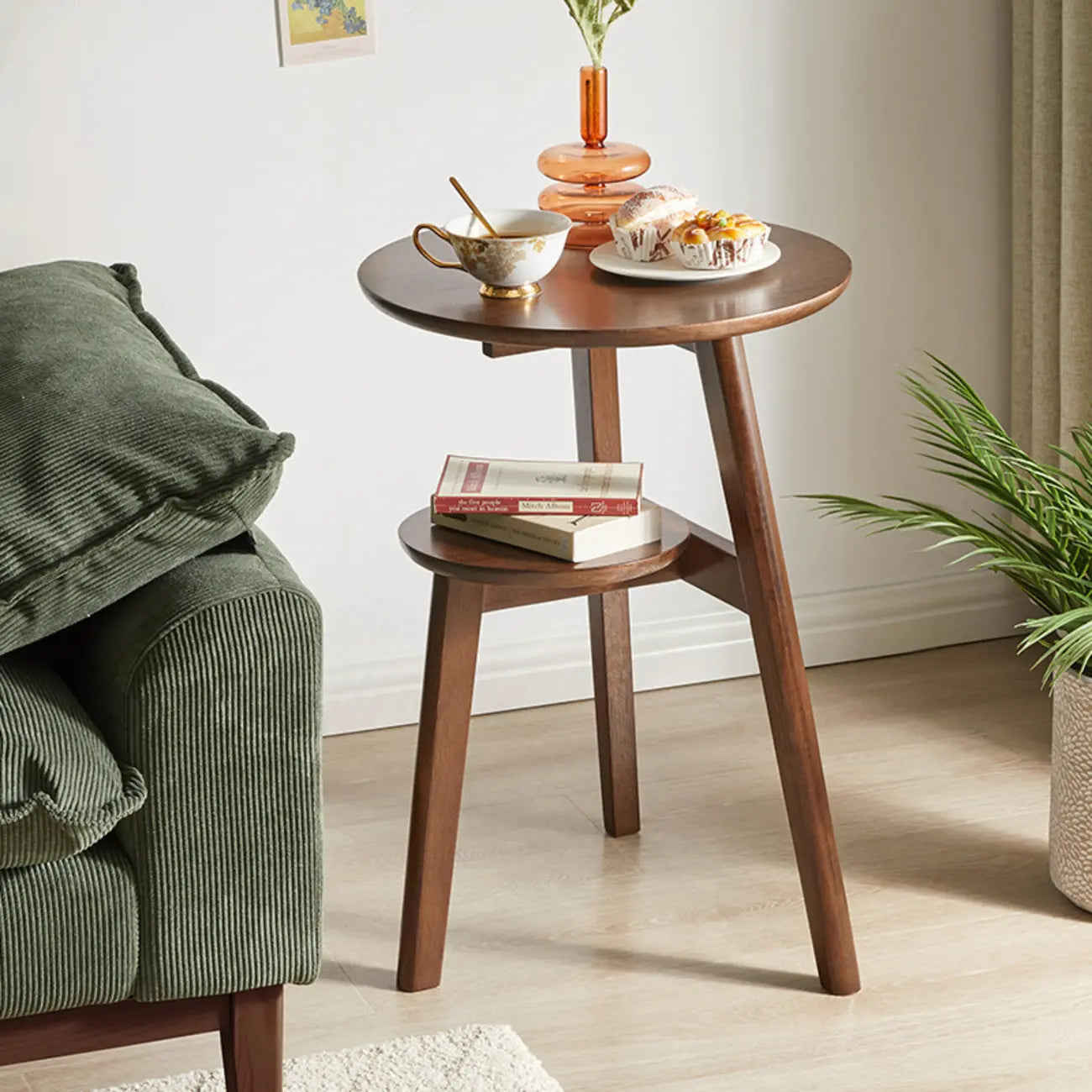 Brown Tripod Base Wood Round Side Table with Storage