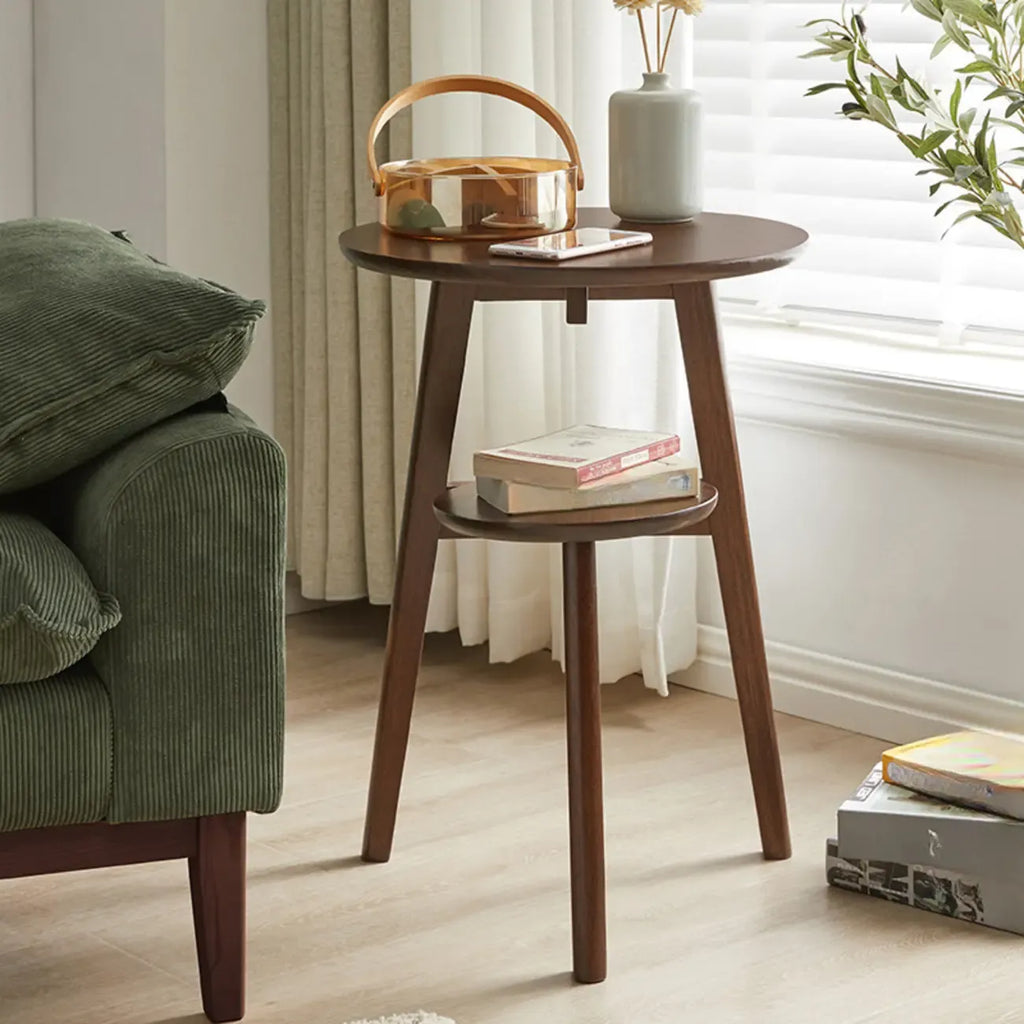 Brown Tripod Base Wood Round Side Table with Storage
