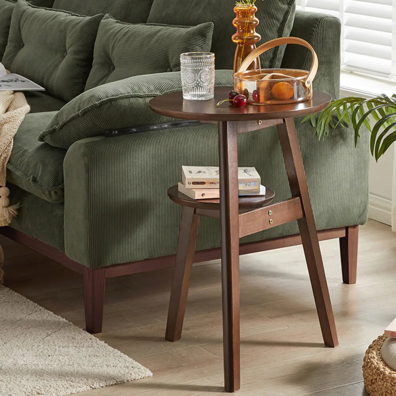 Brown Tripod Base Wood Round Side Table with Storage