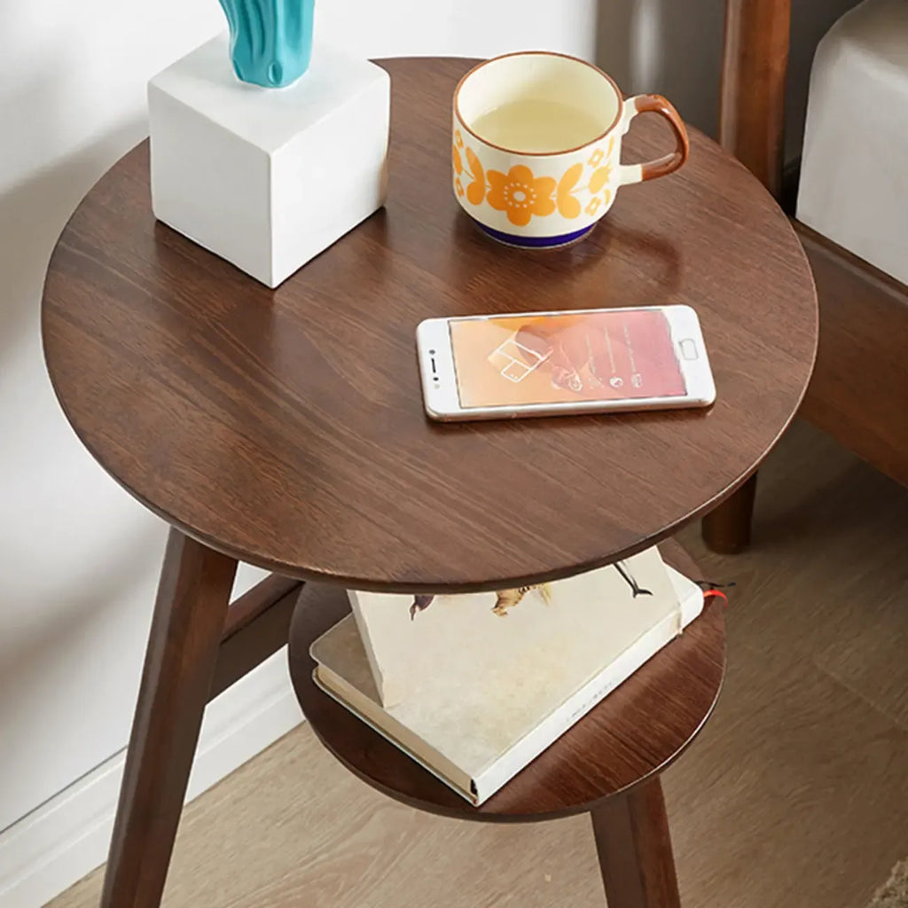 Brown Tripod Base Wood Round Side Table with Storage