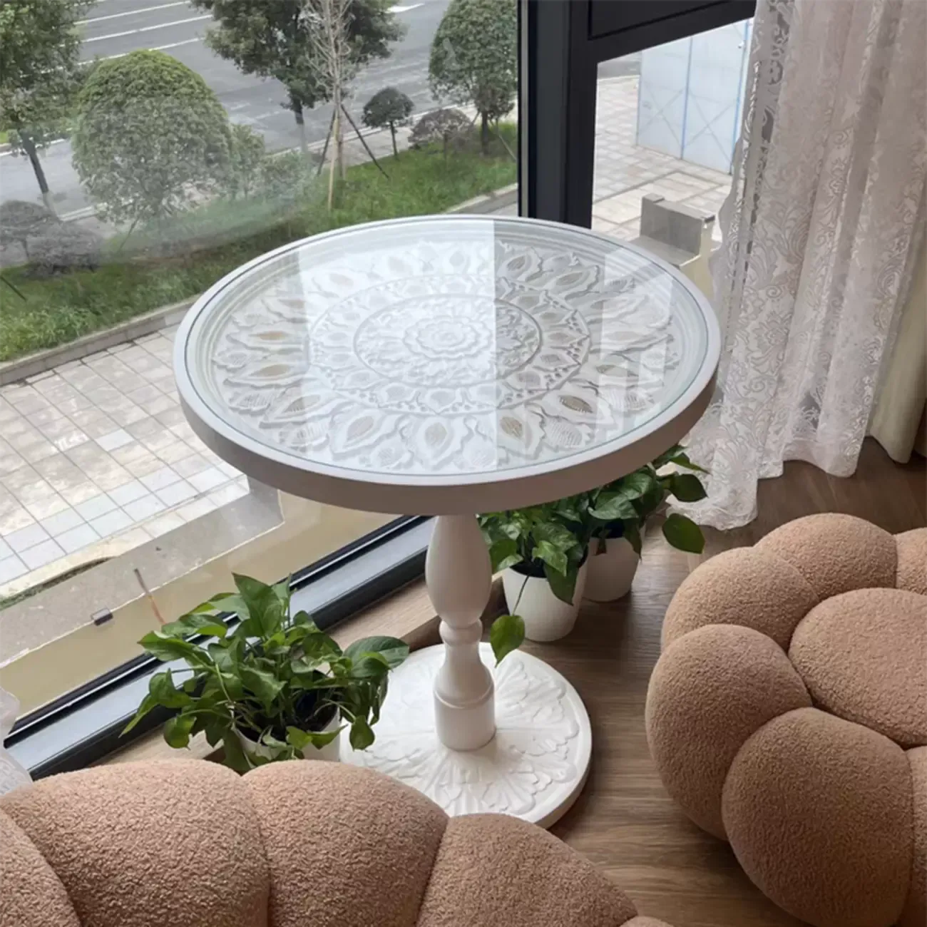 Vintage Round Glass Top Wood Base End Table