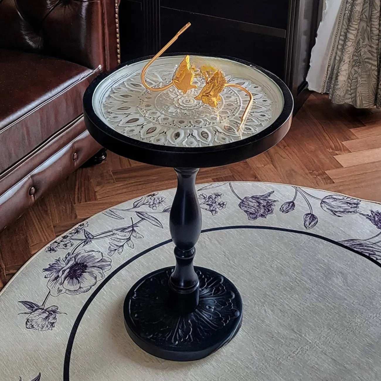 Vintage Round Glass Top Wood Base End Table