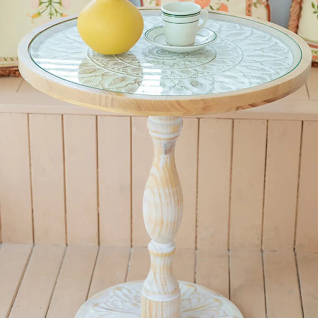 Vintage Round Glass Top Wood Base End Table