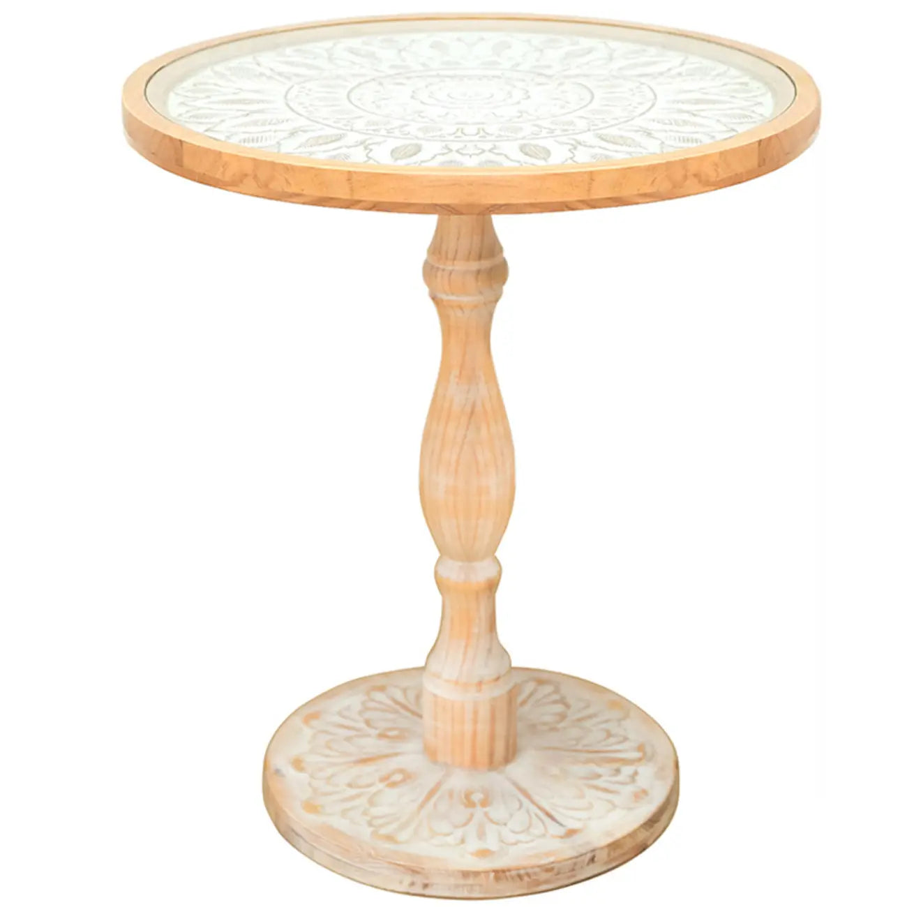Vintage Round Glass Top Wood Base End Table
