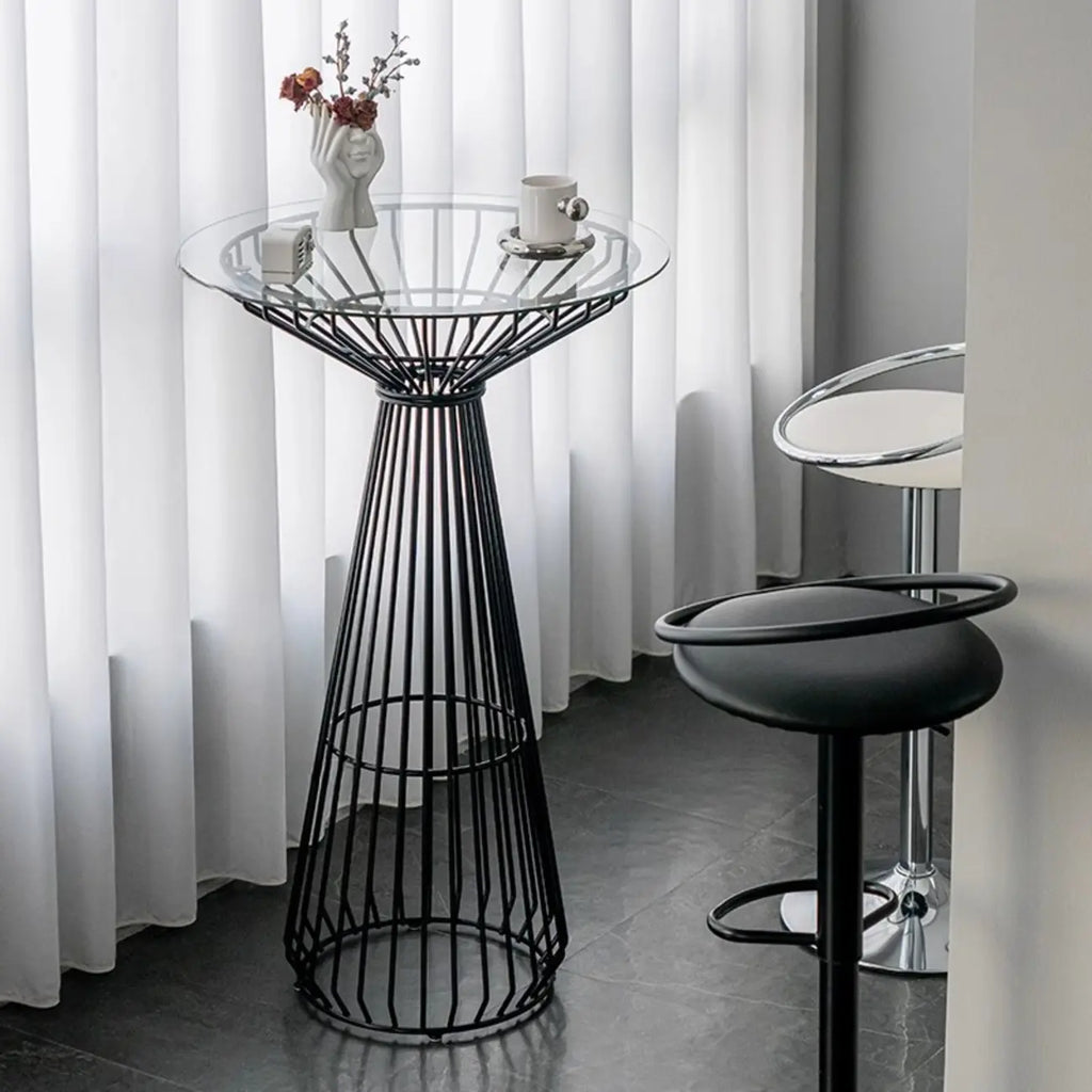 Simplistic Clear Glass Circular Iron Wireframe Bar Table