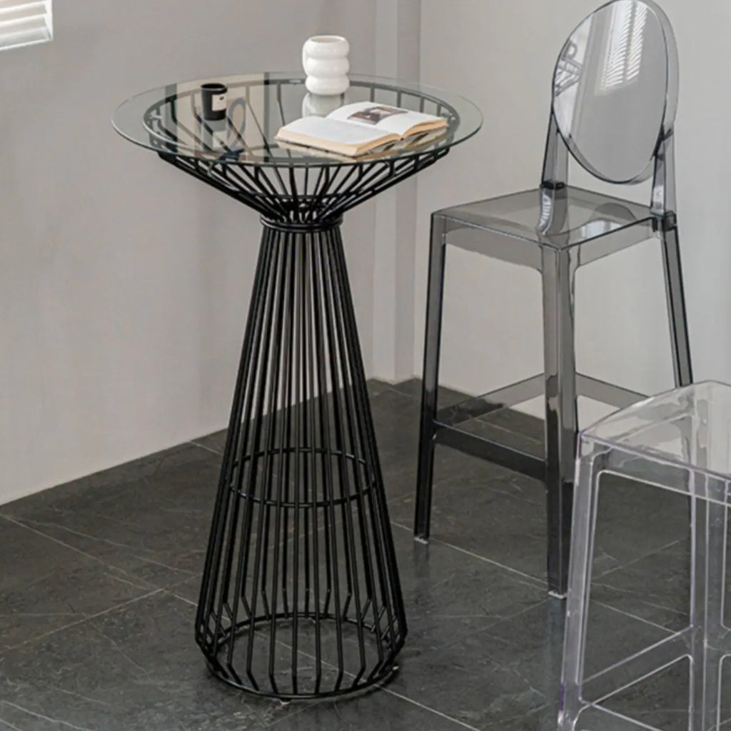 Simplistic Clear Glass Circular Iron Wireframe Bar Table