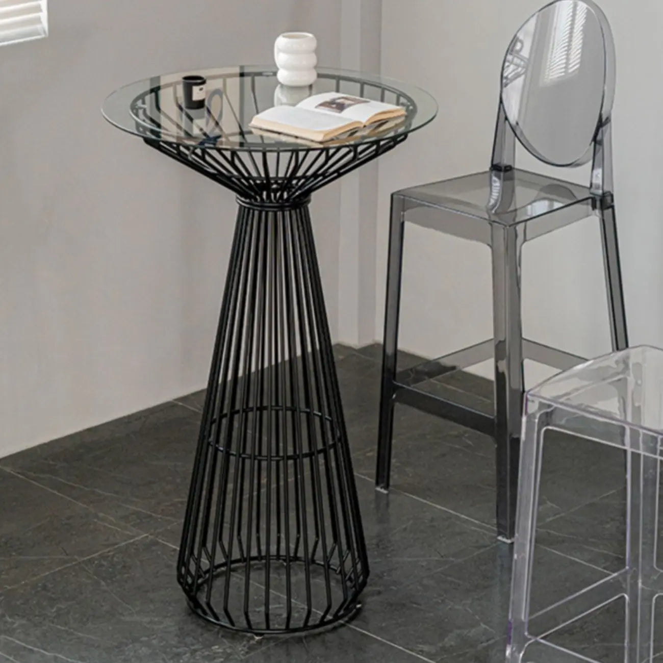 Simplistic Clear Glass Circular Iron Wireframe Bar Table
