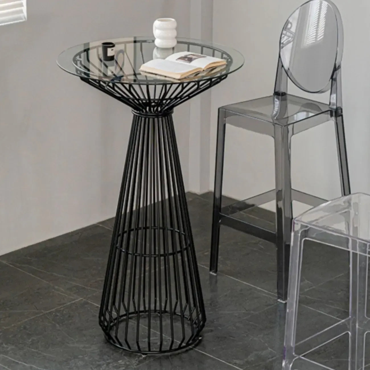 Simplistic Clear Glass Circular Iron Wireframe Bar Table