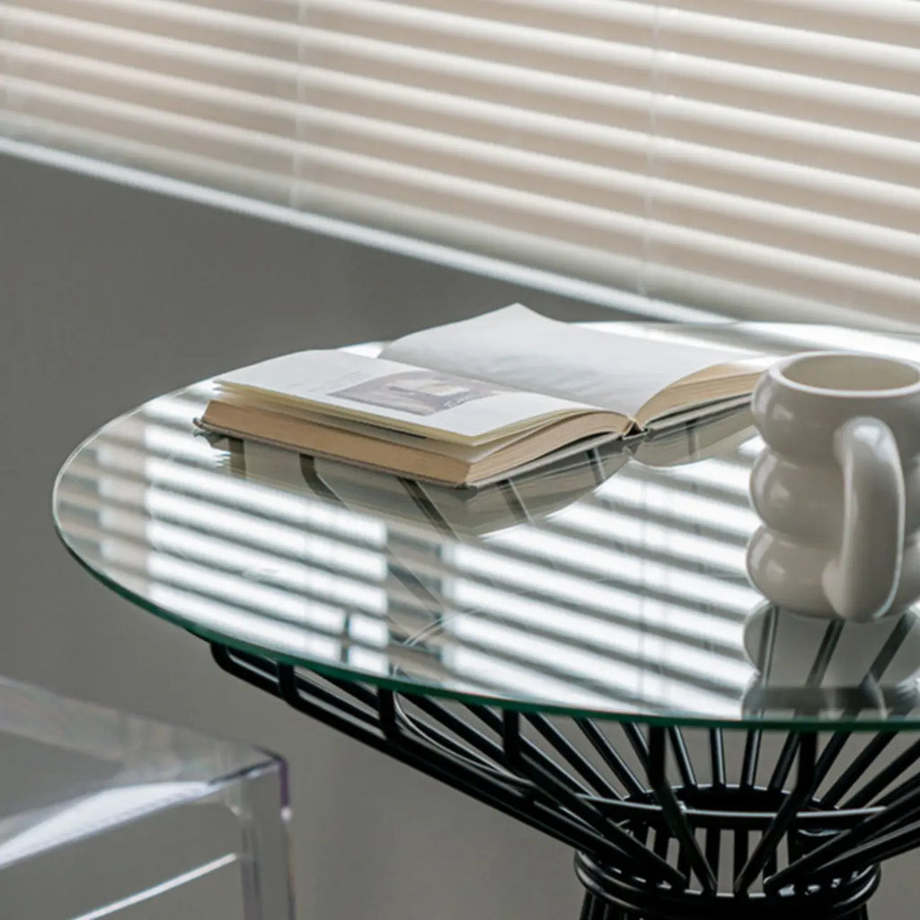 Simplistic Clear Glass Circular Iron Wireframe Bar Table