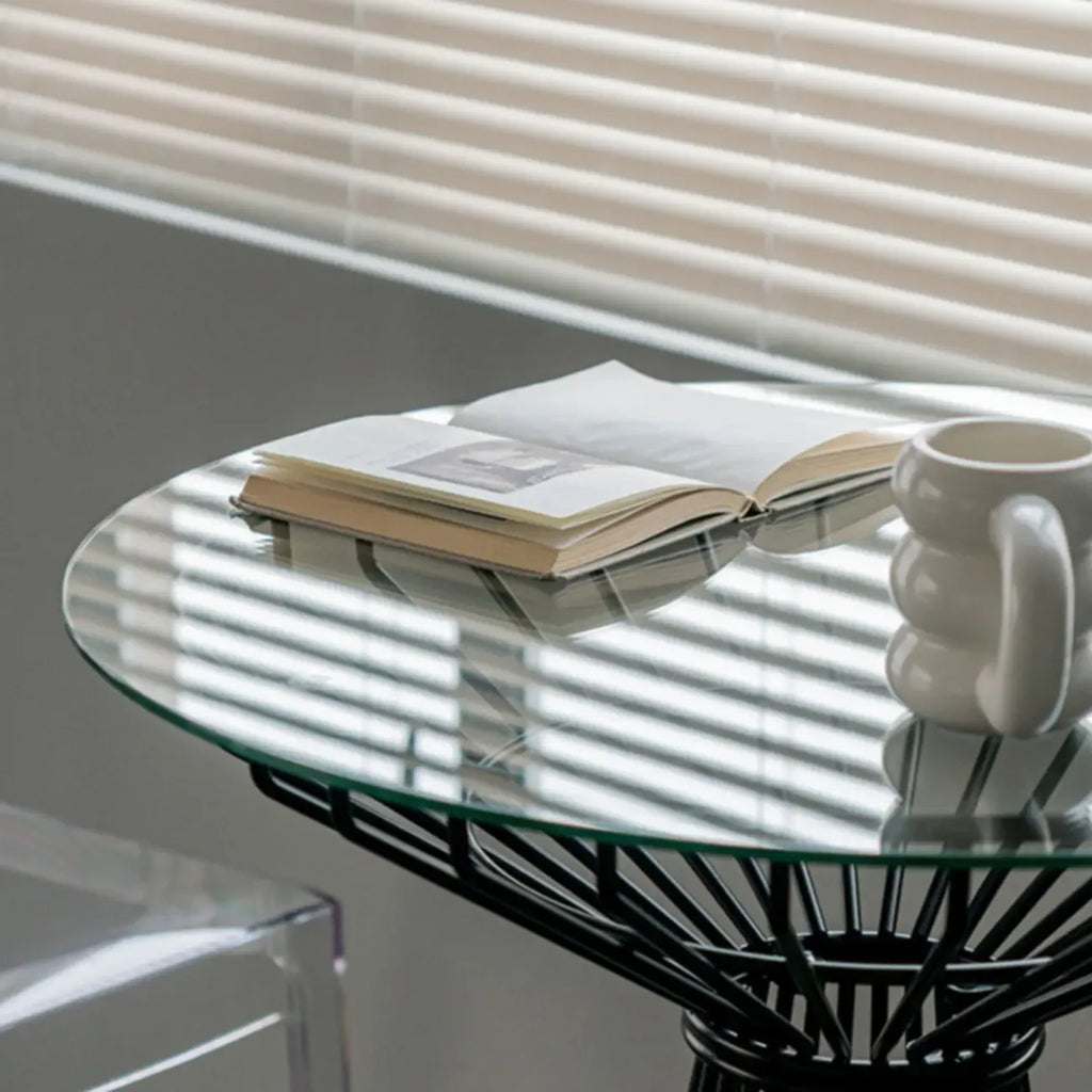 Simplistic Clear Glass Circular Iron Wireframe Bar Table