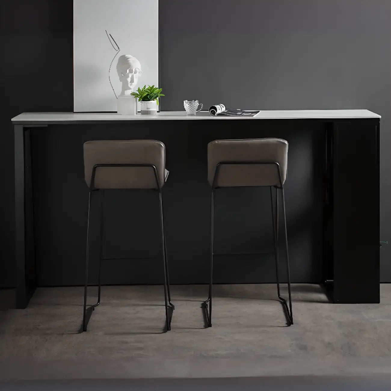 Modern White Stone Top Black Metal Bar Table with Storage