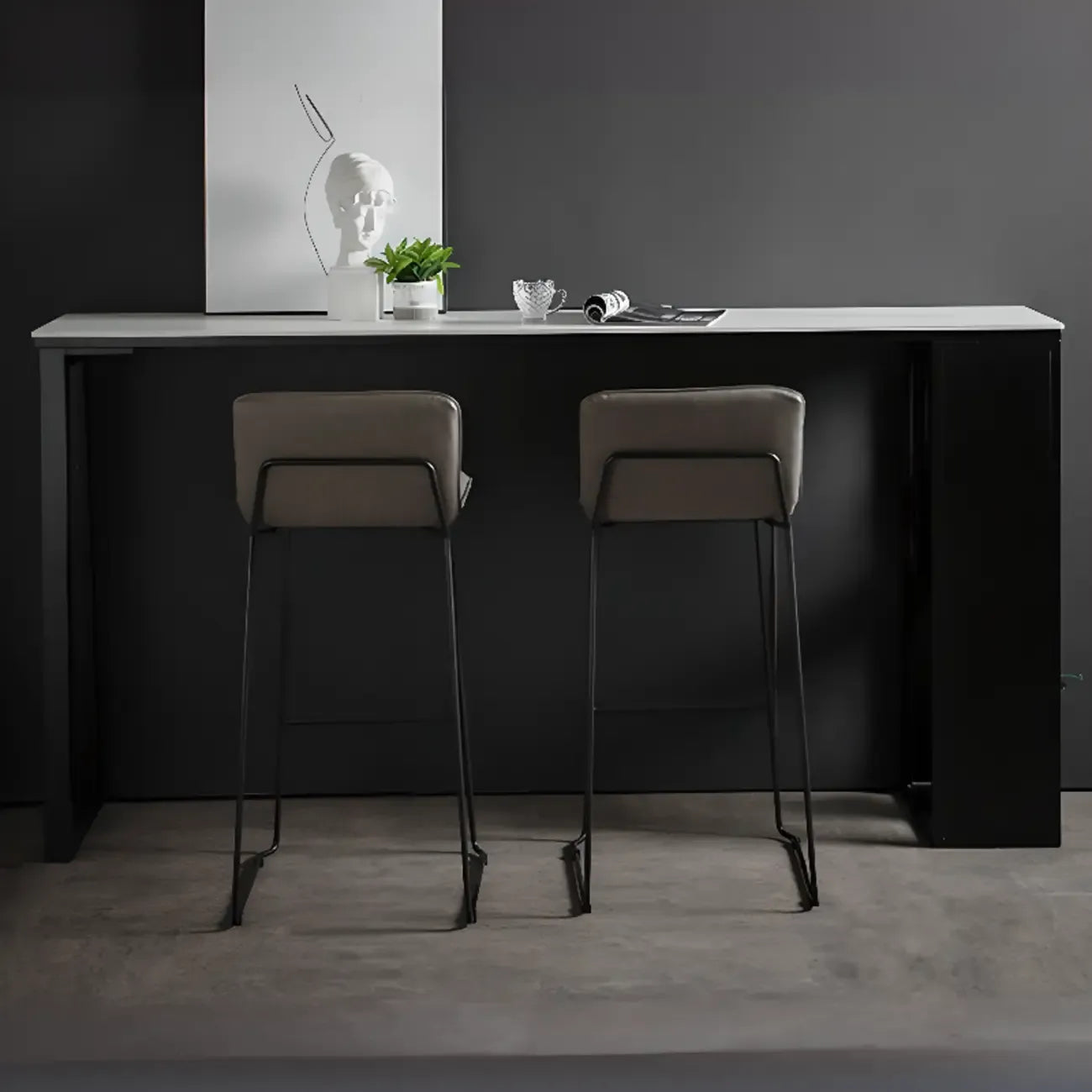 Modern White Stone Top Black Metal Bar Table with Storage