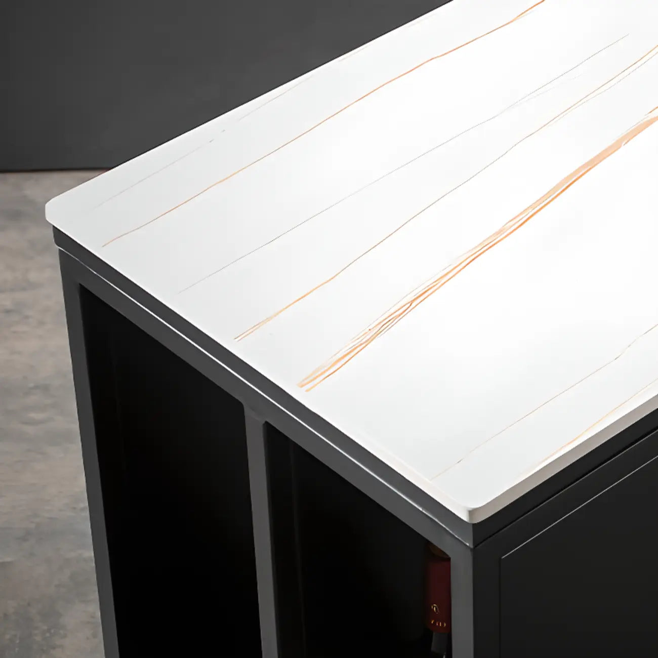 Modern White Stone Top Black Metal Bar Table with Storage