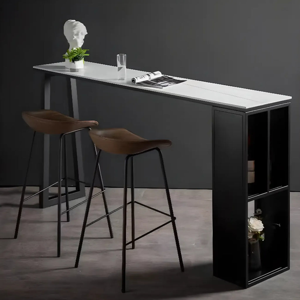 Modern White Stone Top Black Metal Bar Table with Storage