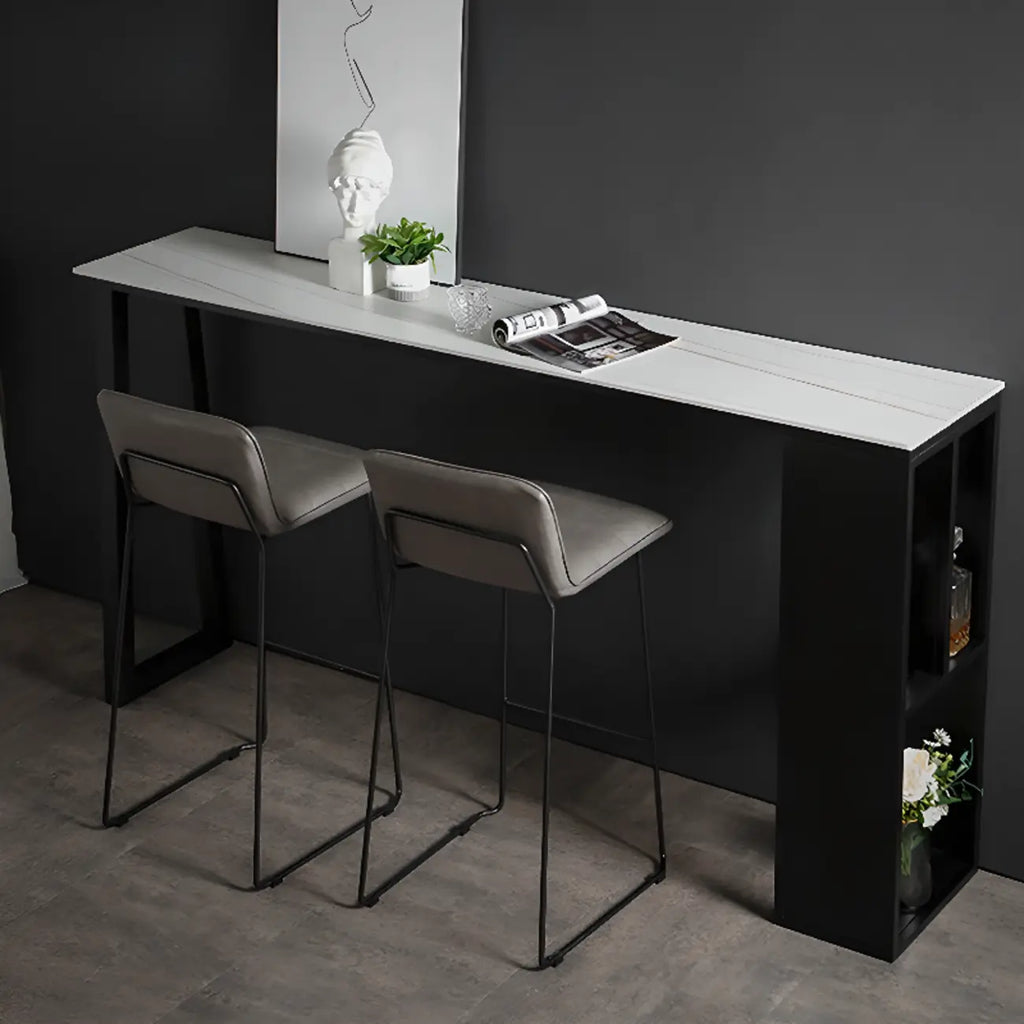 Modern White Stone Top Black Metal Bar Table with Storage