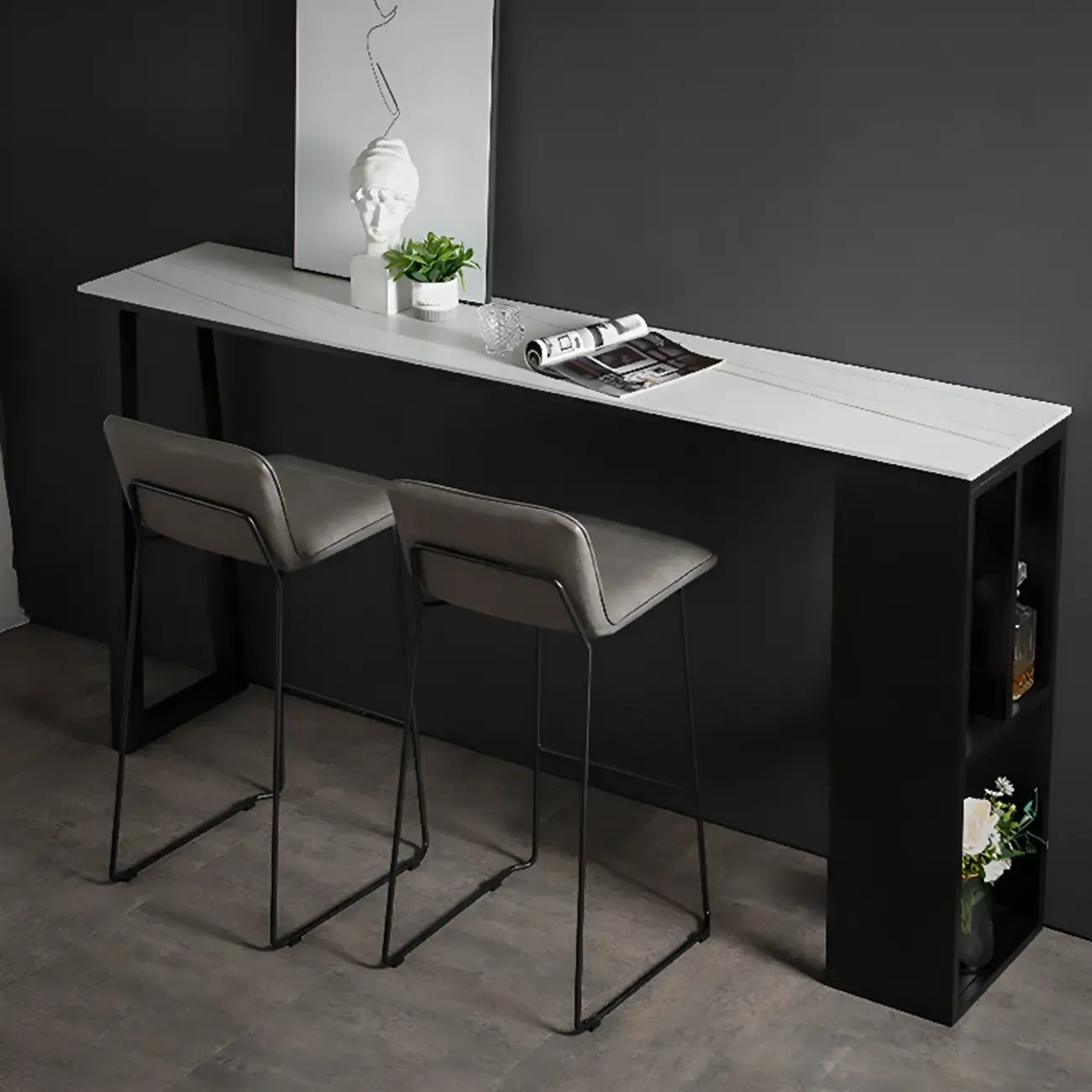 Modern White Stone Top Black Metal Bar Table with Storage