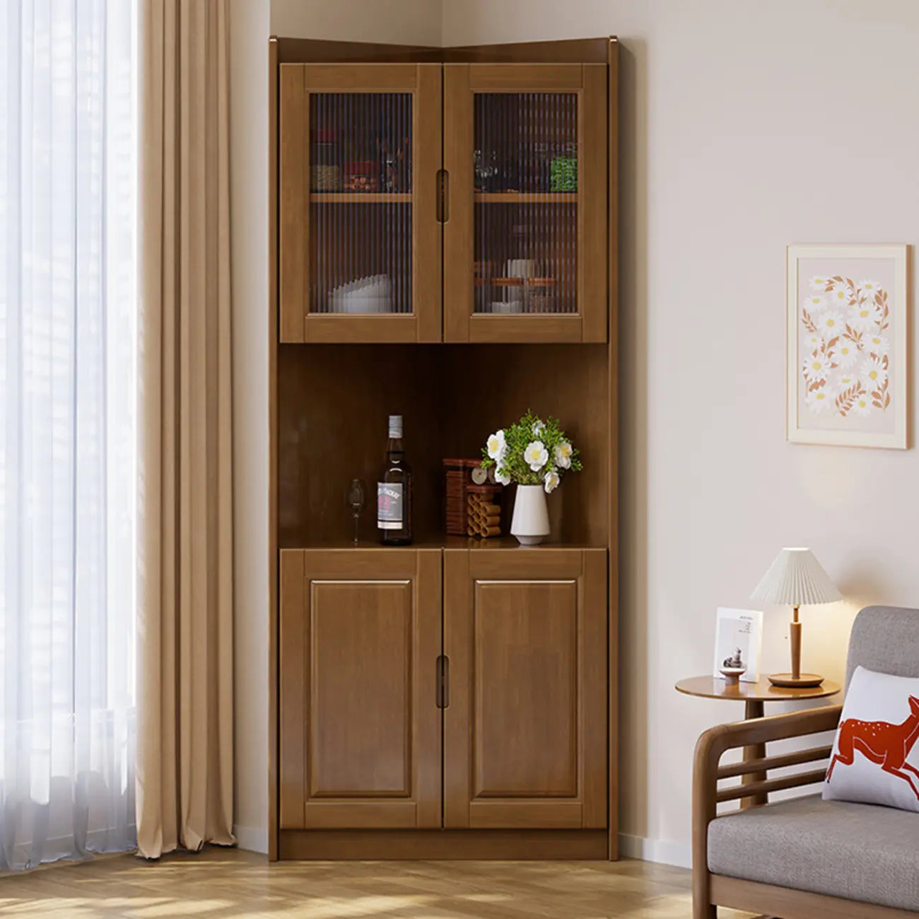 Classic Nut-Brown Wood Groove Handle Corner Storage Cabinet