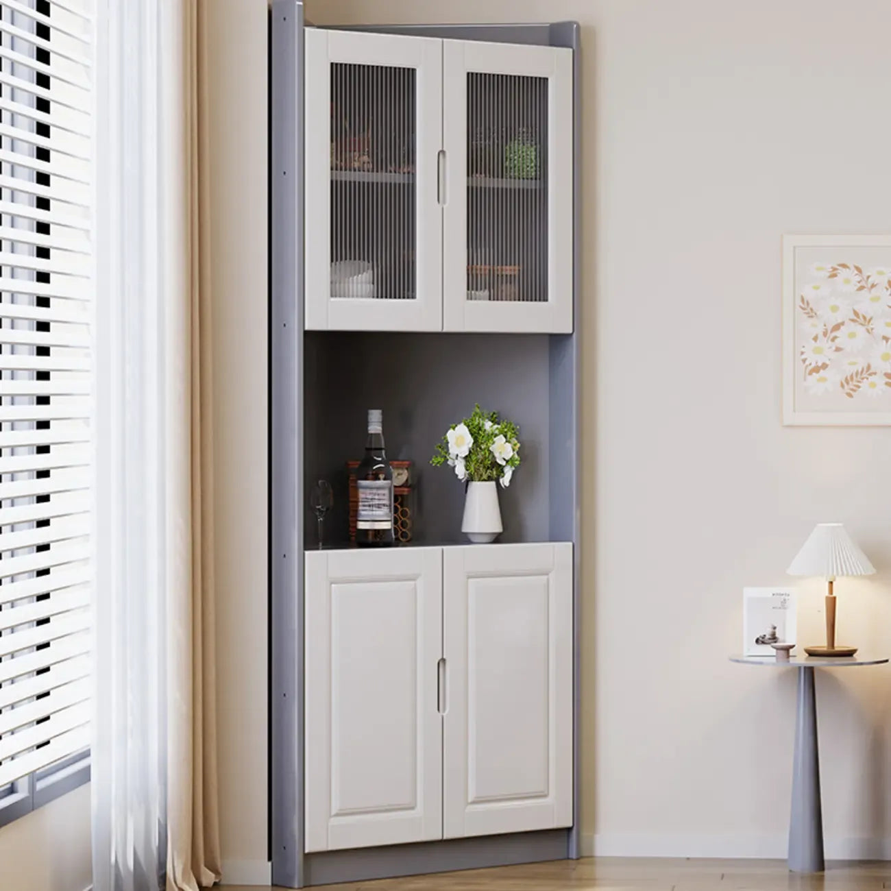 Classic Nut-Brown Wood Groove Handle Corner Storage Cabinet