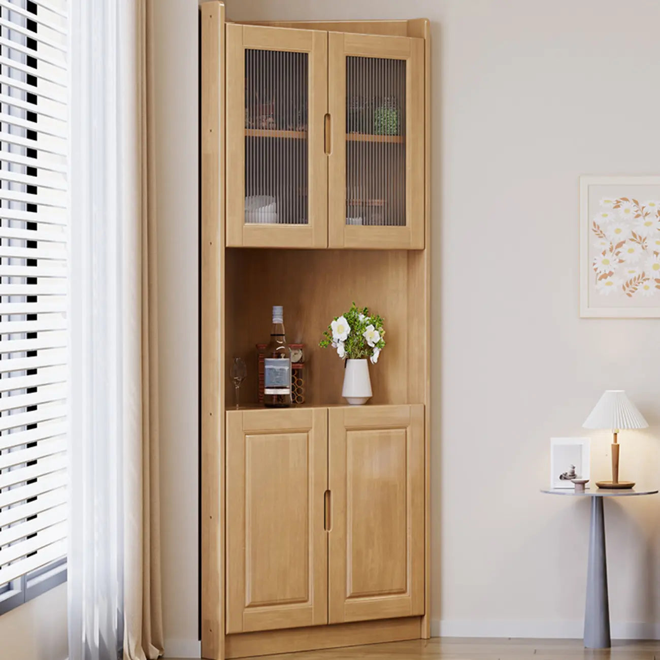 Classic Nut-Brown Wood Groove Handle Corner Storage Cabinet