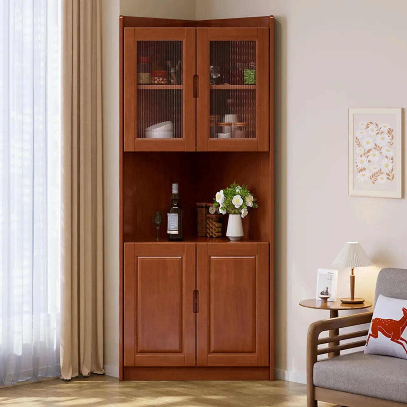 Classic Nut-Brown Wood Groove Handle Corner Storage Cabinet