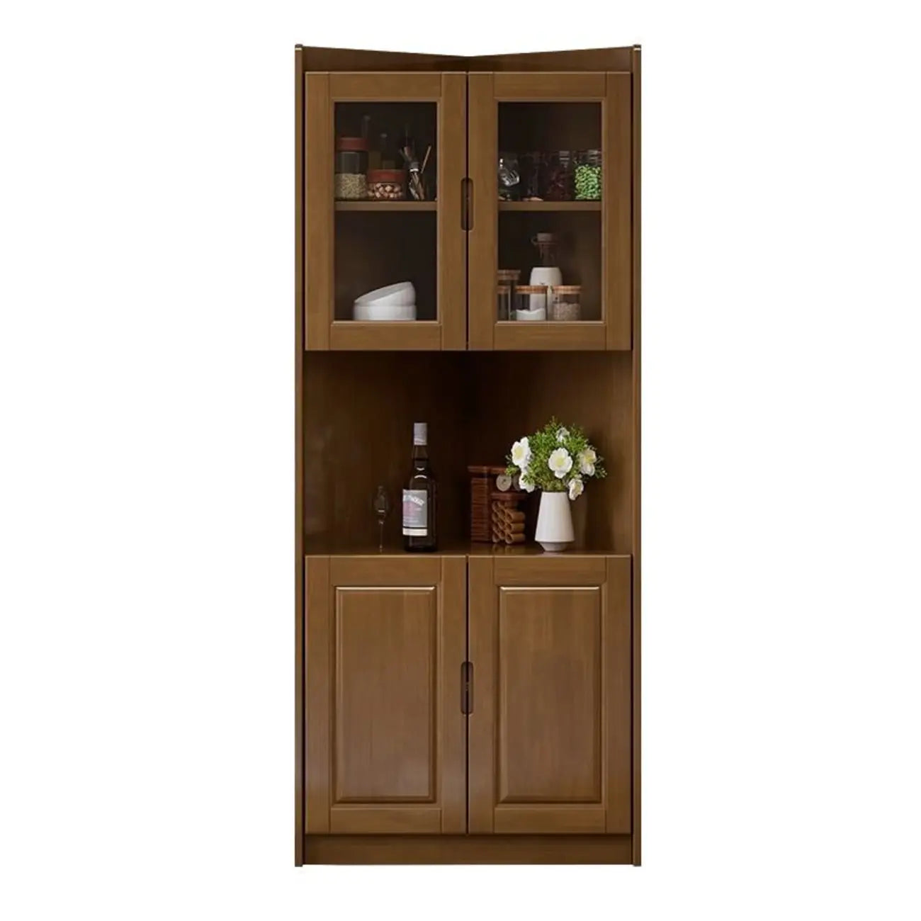 Classic Nut-Brown Wood Groove Handle Corner Storage Cabinet