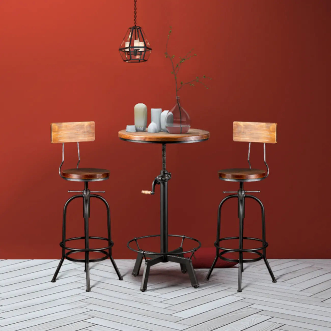 Adjustable Height Industrial Wood Iron Pedestal Bar Table