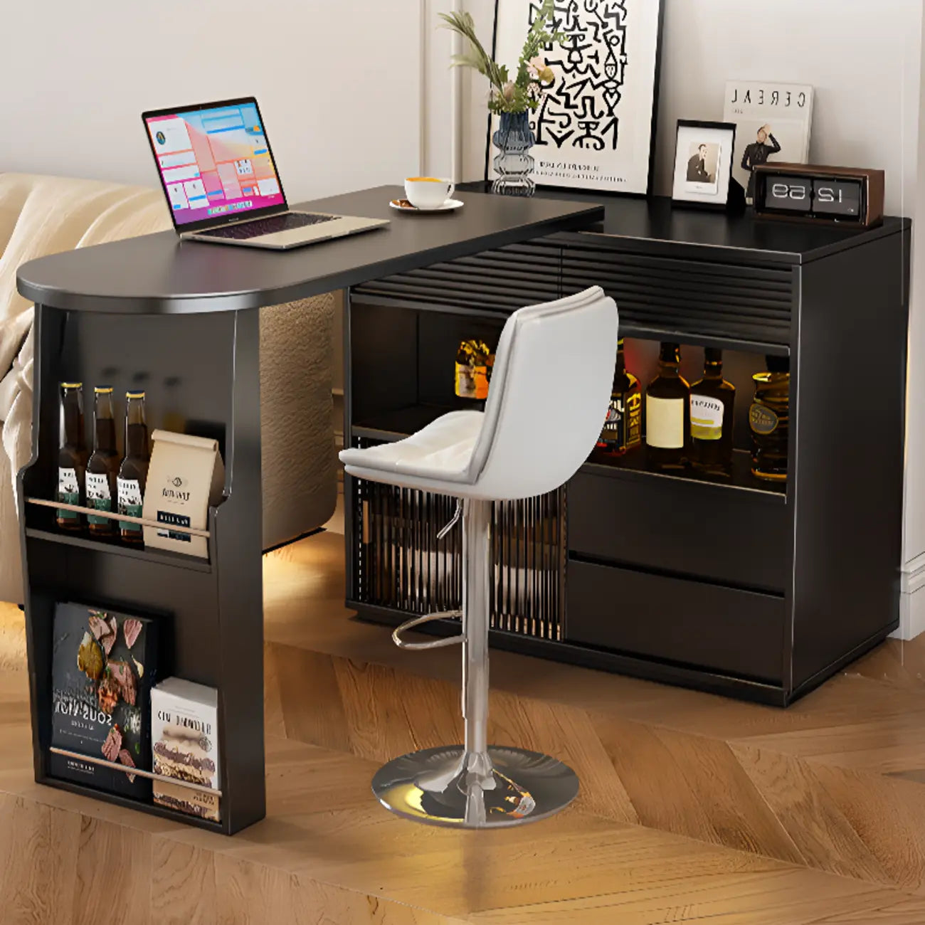 Modern Black Wood Convertible Space-Saving Storage Bar Tables