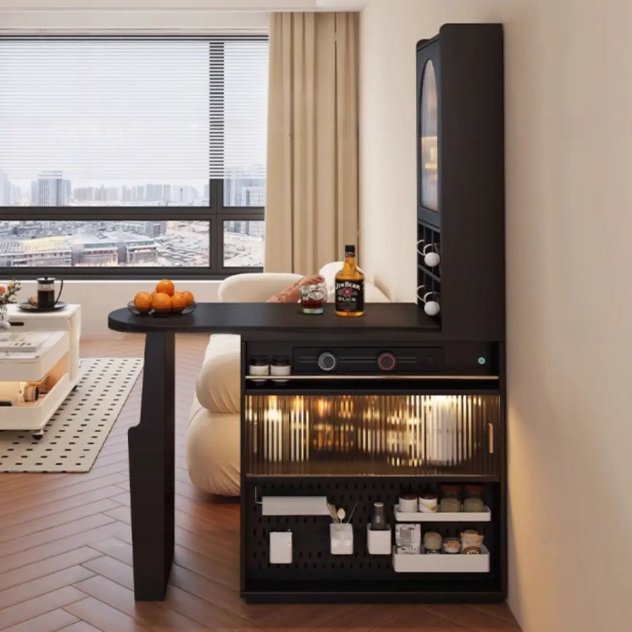 Modern Black Wood Convertible Space-Saving Storage Bar Tables