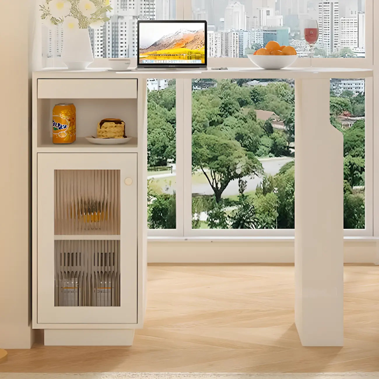 Modern Free Form White Slate Wood Storage Bar Tables