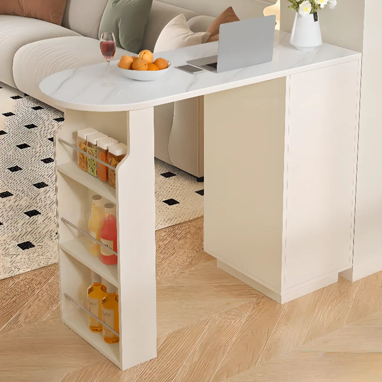Modern Free Form White Slate Wood Storage Bar Tables