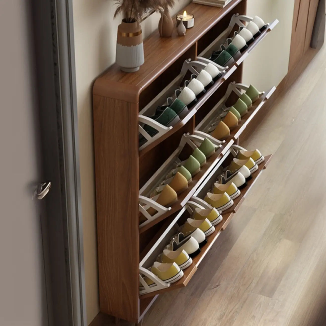 3-Tier Drop-Front Wood Entryway Shoe Storage