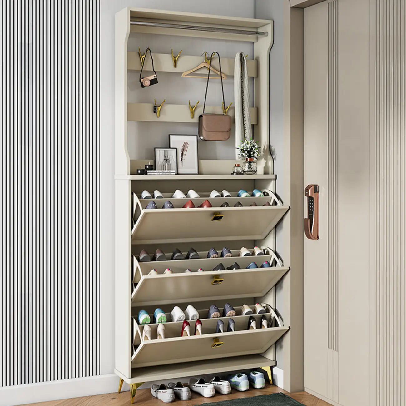 Drop-Front Adjustable Modern White Wood Narrow Shoe Cabinet