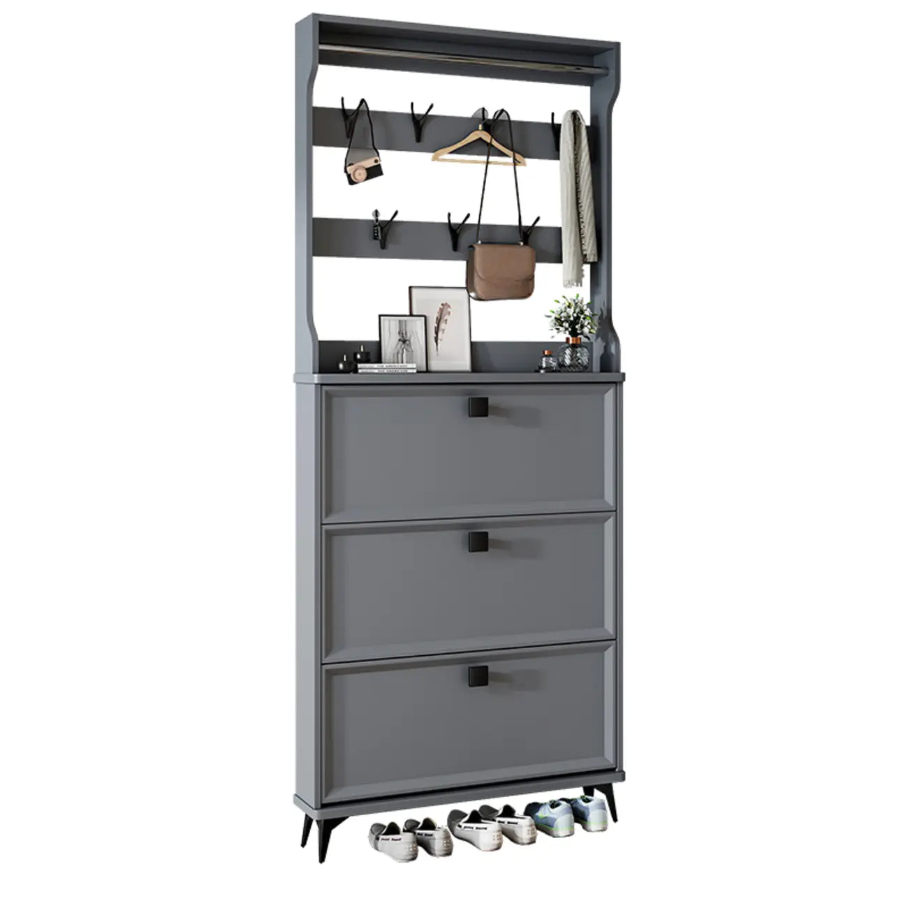 Drop-Front Adjustable Modern White Wood Narrow Shoe Cabinet