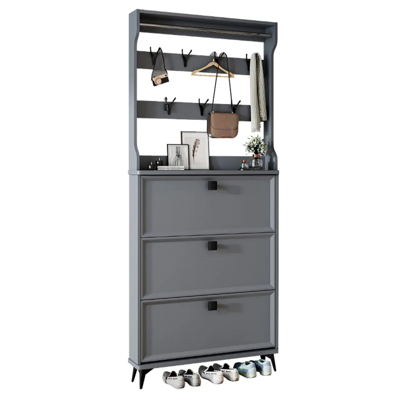 Drop-Front Adjustable Modern White Wood Narrow Shoe Cabinet