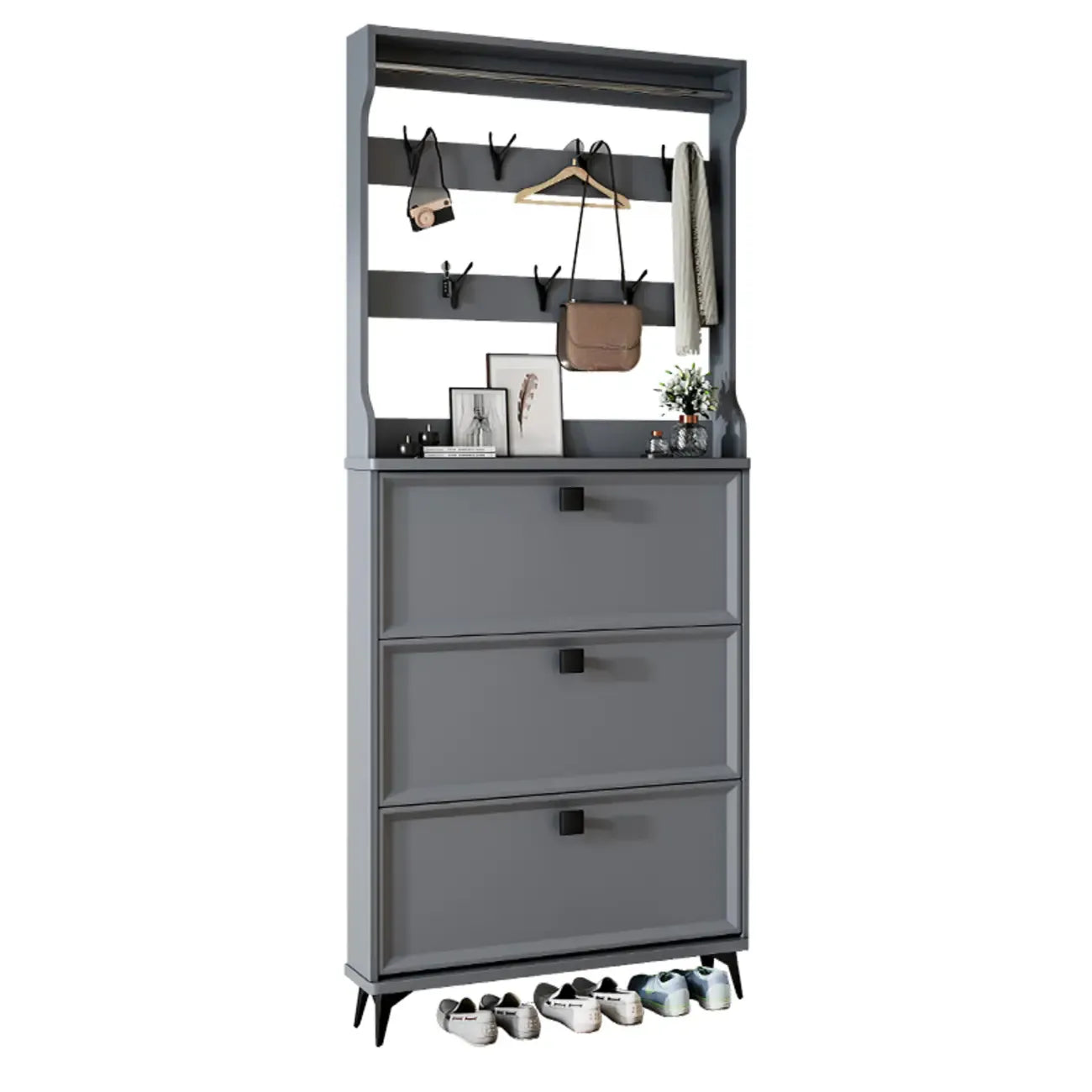 Drop-Front Adjustable Modern White Wood Narrow Shoe Cabinet