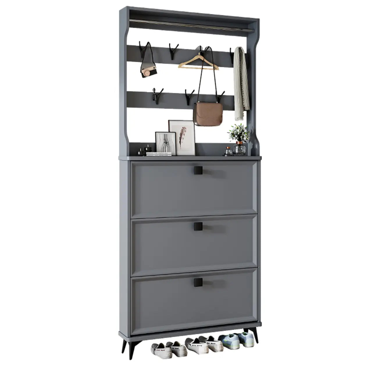 Drop-Front Adjustable Modern White Wood Narrow Shoe Cabinet