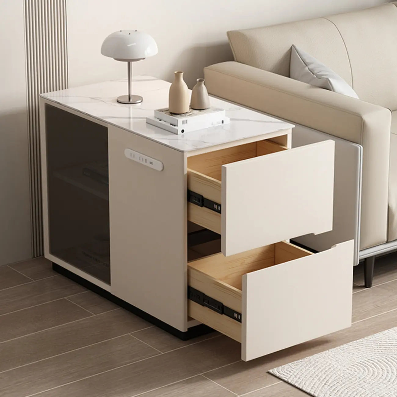 Mobile Rectangular Plastic Top End Table with Storage Drawers