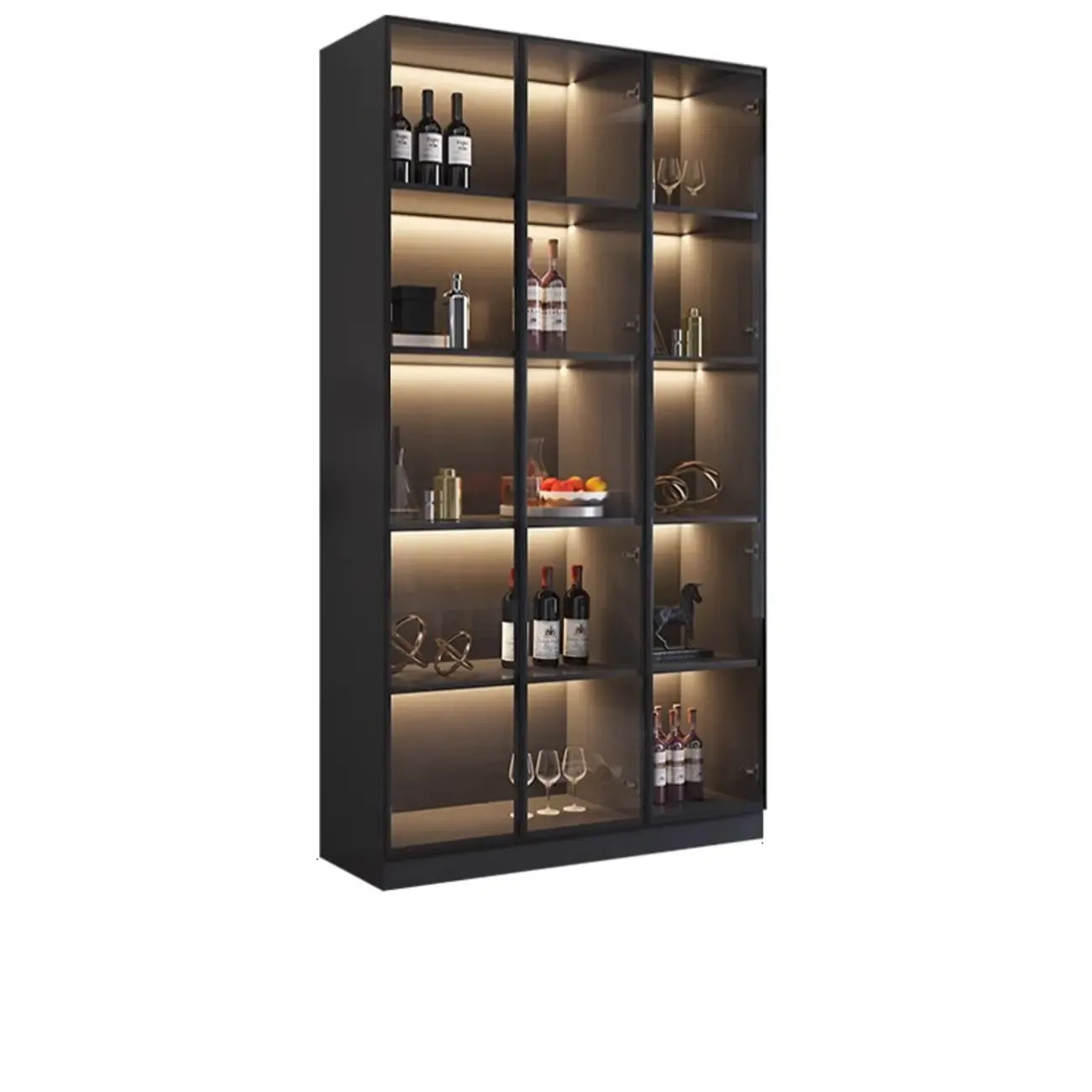 Contemporary Black Wood Glass Tall Display Storage Cabinet