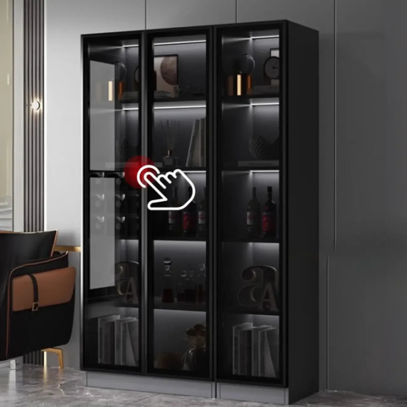 Contemporary Black Wood Glass Tall Display Storage Cabinet