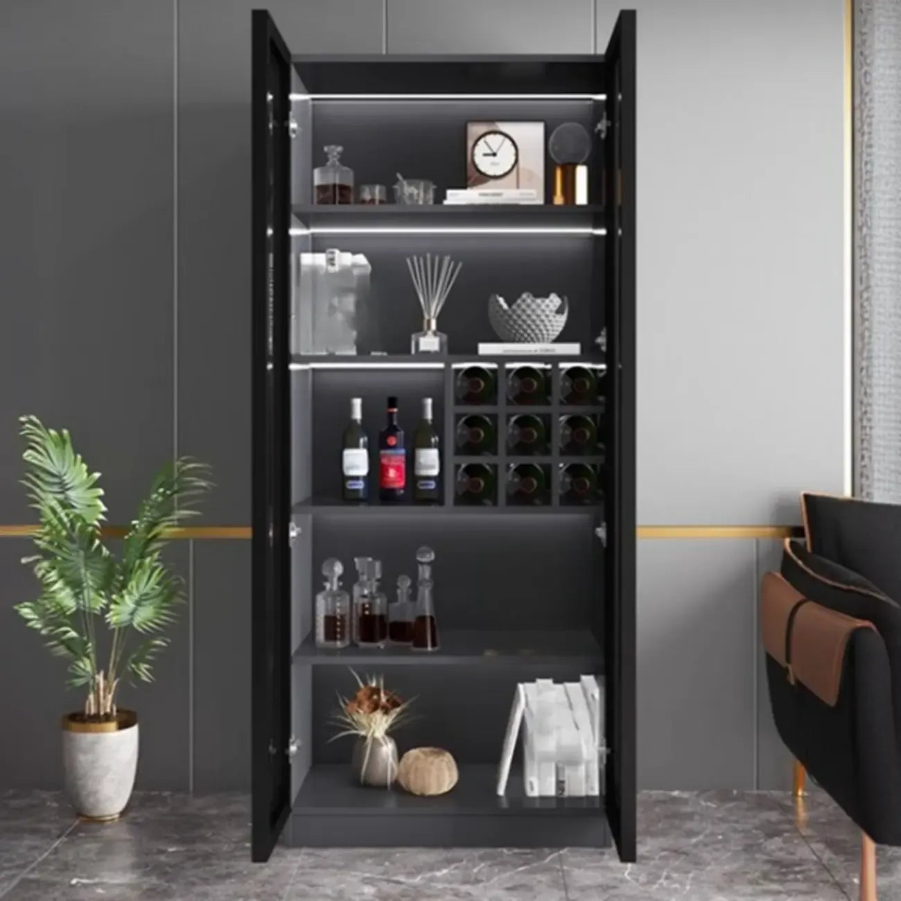 Contemporary Black Wood Glass Tall Display Storage Cabinet