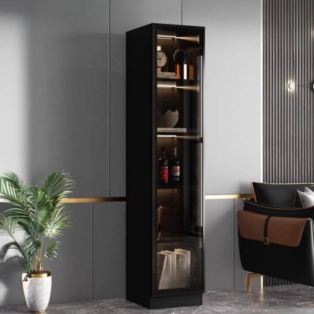 Contemporary Black Wood Glass Tall Display Storage Cabinet