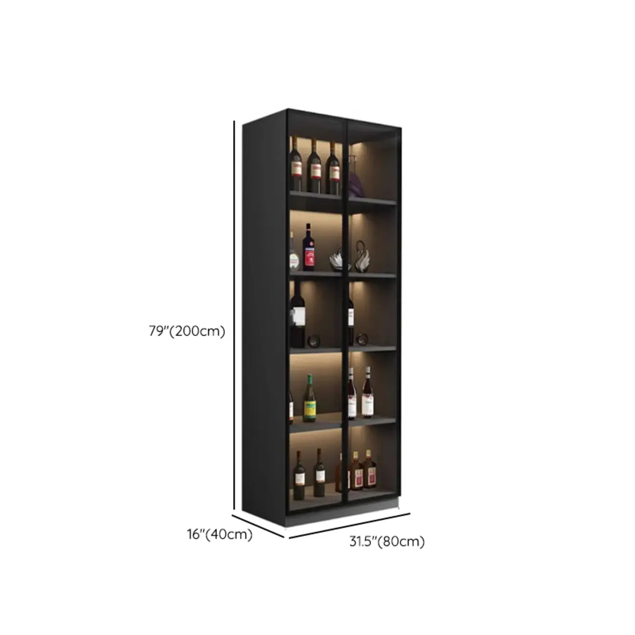 Contemporary Black Wood Glass Tall Display Storage Cabinet