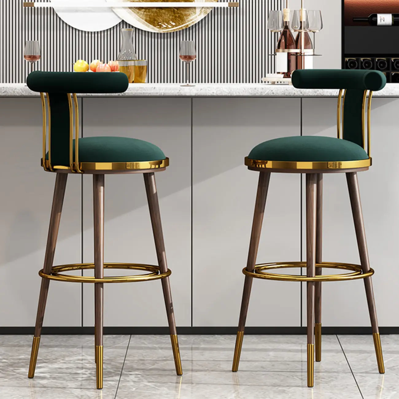 Glam Wood Velvet Upholstered Gold Accent Bar Stool